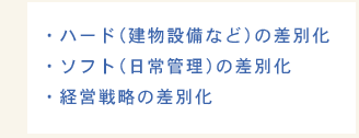 ハード(建物設備など)の差別化、ソフト(日常管理)の差別化、経営戦略の差別化